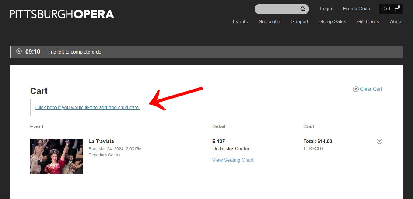 screenshot showing how to add childcare to your ticket purchase