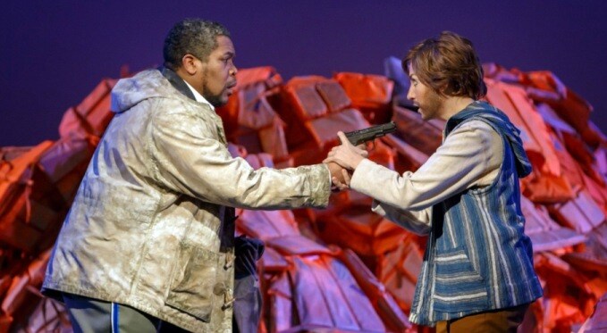 Idomeneo (Terrence Chin-Loy) confronts his son Idamante (Antonia Botti-Lodovico)