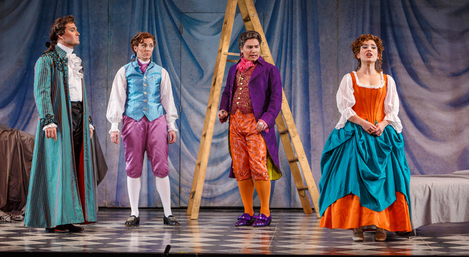 Christian Bowers as Count Alamaviva, Corrie Stallings as Cherubino, Eric Ferring as Don Basilio, and Joelle Harvey as Susanna