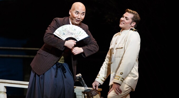 Goro (Julius Ahn) jokes with his client Lt. B.F Pinkerton (Cody Austin)