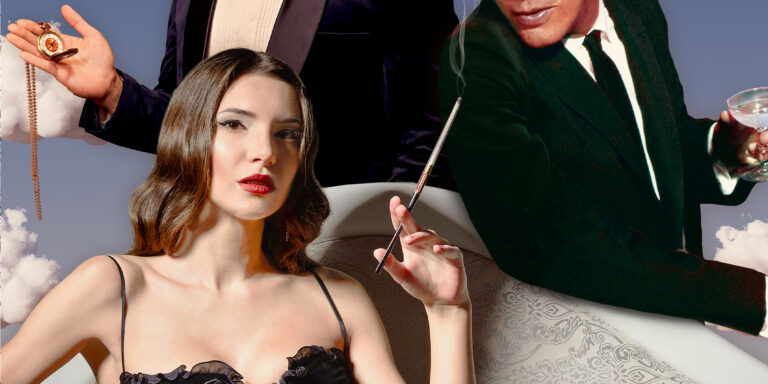 Collage of a man in a tuxedo with a pocket watch, a woman with a cigarette holder and a man with a martini; Partenope hero