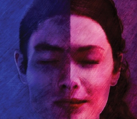 A face split between blue and magenta halves, eyes closed; As One key art