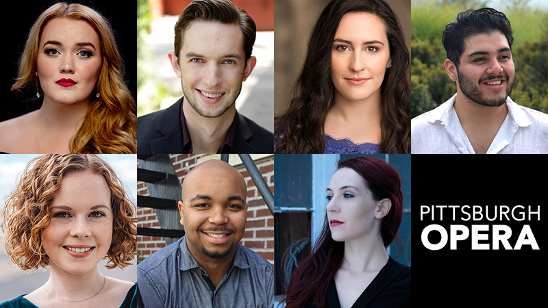 Headshots of the seven 2020-21 Pittsburgh Opera Resident Artists in a grid with the Pittsburgh Opera logo