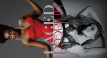 Laced/Unlaced: a woman in a red strapless dress beside an inverted black and white lingerie photo
