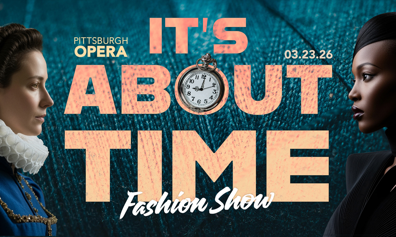 It's About Time Fashion Show, 03.23.26: a woman in a Tudor ruff faces a woman in modern black across a pocket watch