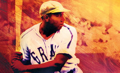 Josh Gibson swings a bat in a Grays uniform, in warm red and gold tones; Pittsburgh Opera The Summer King key art