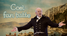 Don Alfonso in a naval coat spreads his arms before a painted Bay of Naples; Cosi fan tutte 2015 graphic