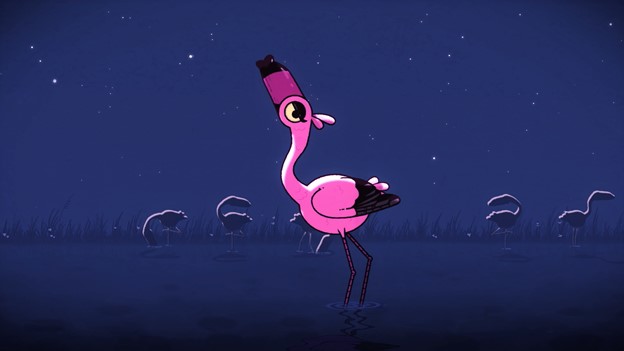Animated pink flamingo standing in a moonlit marsh among flamingo silhouettes, from Animated Arias