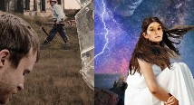 Split image: a pioneer boy in a field for Proving Up, and a woman in white under lightning for Iphigenie en Tauride