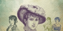 Victorian engravings of four young women in hats and period dress on a blue-green wash; Little Women key art