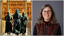 Three hooded monks before a gilded altar beside a portrait of Elizabeth Oyler