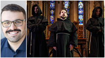 Ryan M. Prendergast, portrait, beside three monks at an altar in Pittsburgh Opera's Curlew River