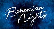 Bohemian Nights in white script on blue smoke
