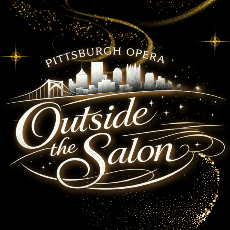 Outside the Salon, a Pittsburgh Opera event series; gold script logo over the Pittsburgh skyline