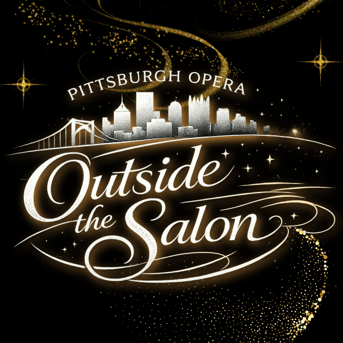 Outside the Salon, a Pittsburgh Opera event series; gold script logo over the Pittsburgh skyline