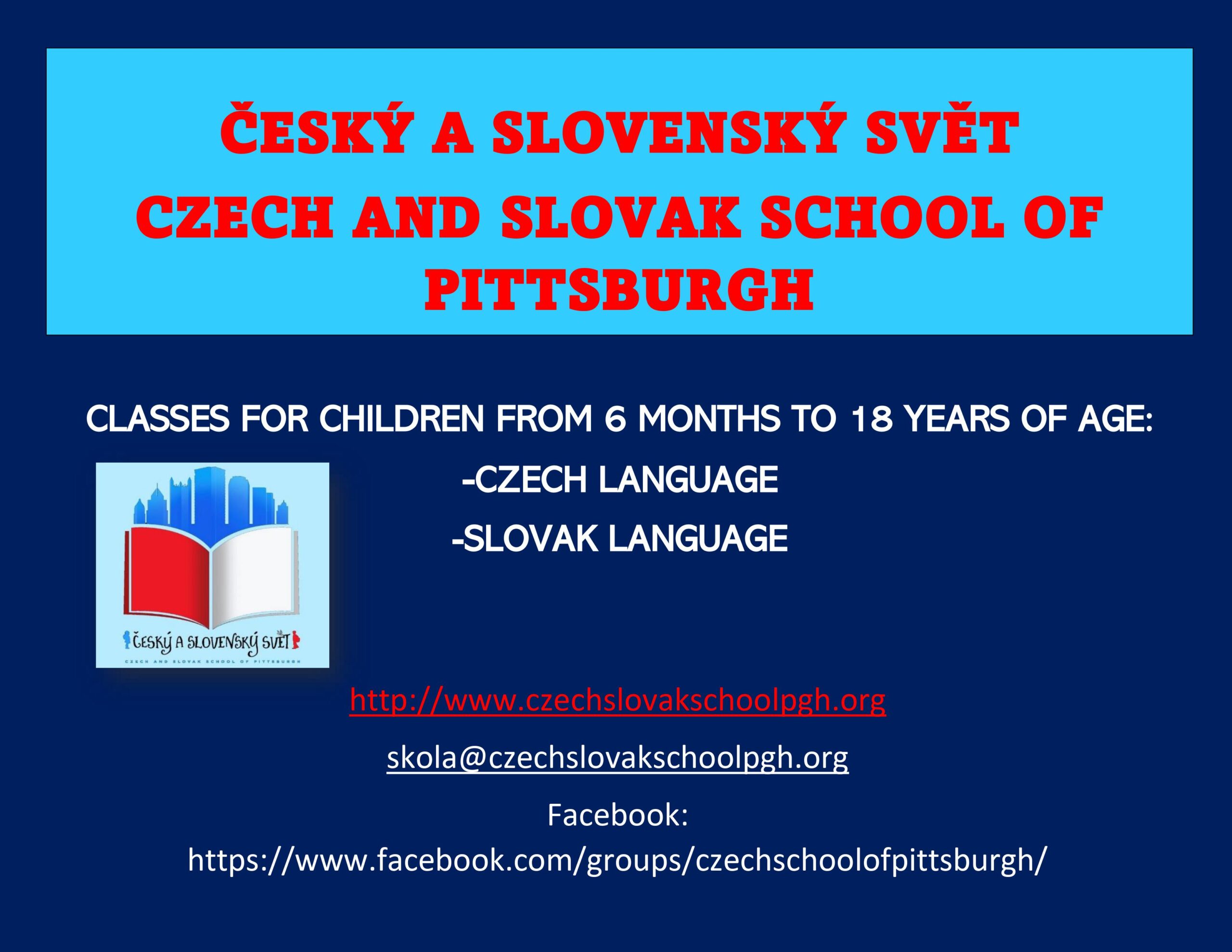 Flyer for the Czech and Slovak School of Pittsburgh: Czech and Slovak language classes for children 6 months to 18 years