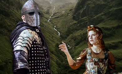 A helmeted knight and a red-haired woman in a floral dress before a Scottish glen; Pittsburgh Opera Ariodante key art