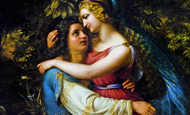 Painting of Armida embracing Rinaldo in a forest; Pittsburgh Opera Armida key art