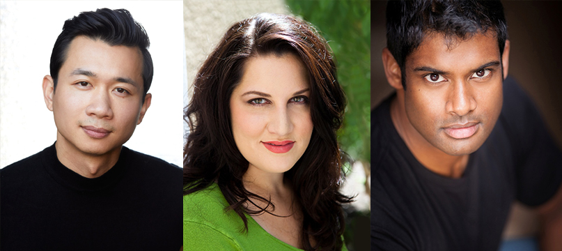 Headshots of three Resident Artist alumni: a man in a black turtleneck, a woman in green, and a man in a black shirt