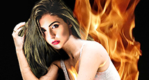 A dark-haired woman in a white top before rising flames; Semele key art