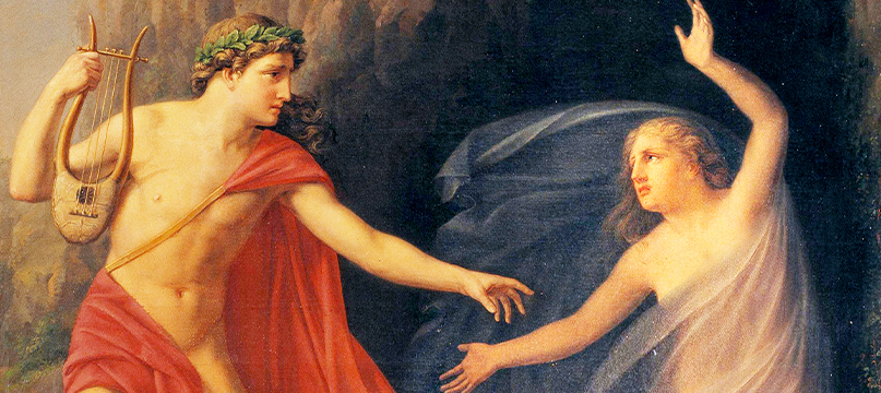 Orpheus with his lyre reaches for Eurydice as she is drawn into the dark; Pittsburgh Opera Orpheus and Eurydice 2026 key art