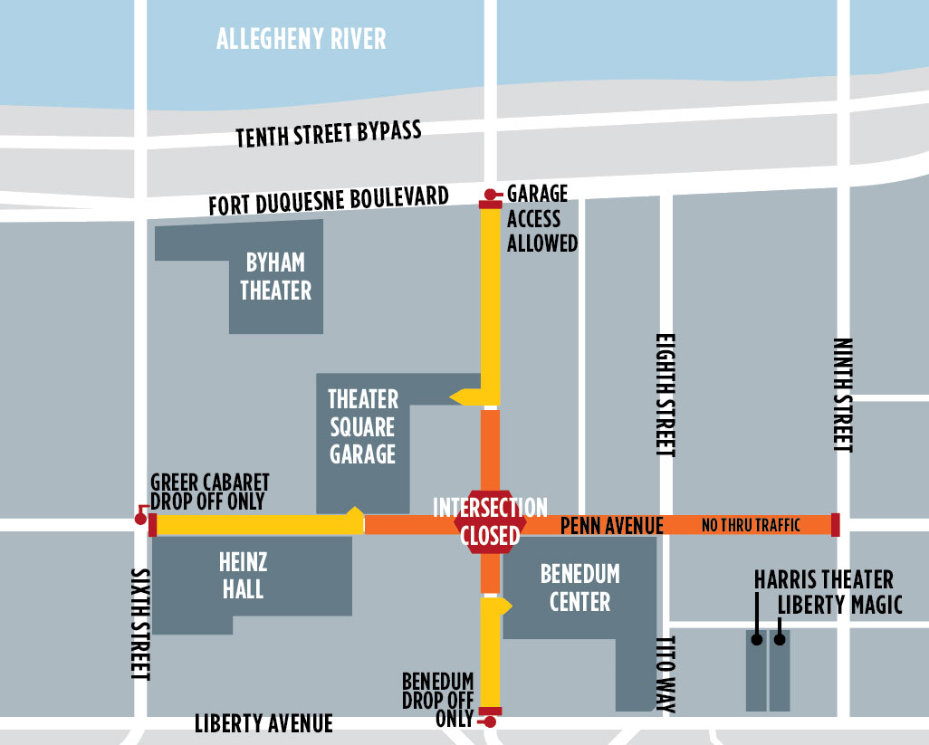 Map of Cultural District road closures: Penn Avenue closed at Seventh Street, with garage access and drop-off routes marked