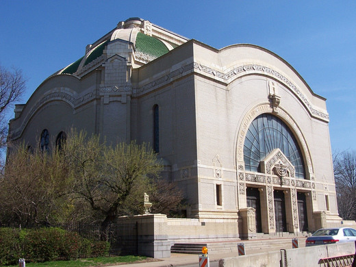 Rodef Shalom Congregation's domed synagogue with a green tile roof and arched entrance in Pittsburgh