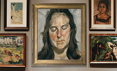 A gallery wall of paintings centered on a portrait of a woman with eyes closed; Woman with Eyes Closed key art