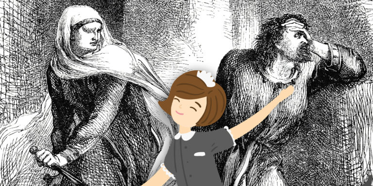 A cartoon maid leaps before a Victorian engraving of Lady Macbeth and Macbeth; Working for the Macbeths hero image