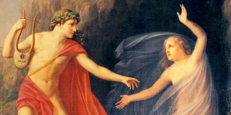 Classical painting of Orpheus with a lyre reaching back for Eurydice; Orpheus and Eurydice hero image