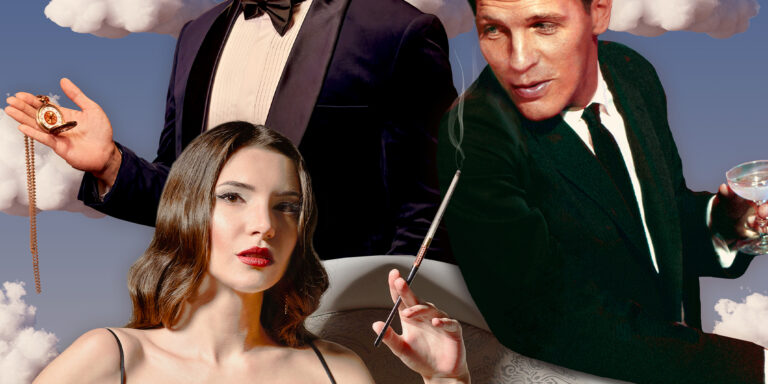 Collage of a man in a tuxedo with a pocket watch, a woman with a cigarette holder and a man with a martini; Partenope hero