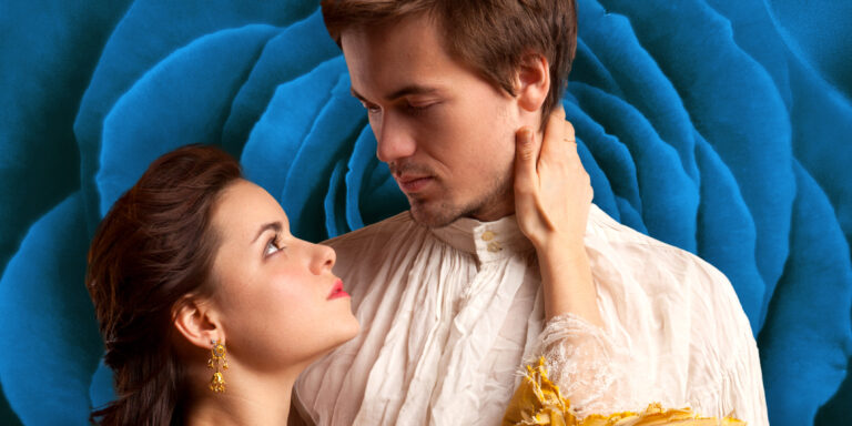 Juliet in gold brocade gazes up at Romeo in a white shirt before a giant blue rose; Romeo and Juliet hero image