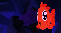 Cartoon orange fish with big eyes swims through a dark blue underwater scene; Animated Arias