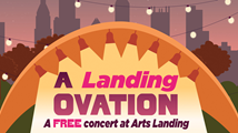 A Landing Ovation, a free concert at Arts Landing: illustrated bandshell against the Pittsburgh skyline